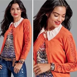 Cabi 3123 Lace Arm Detail Orange Cardigan Sweater Size Small
